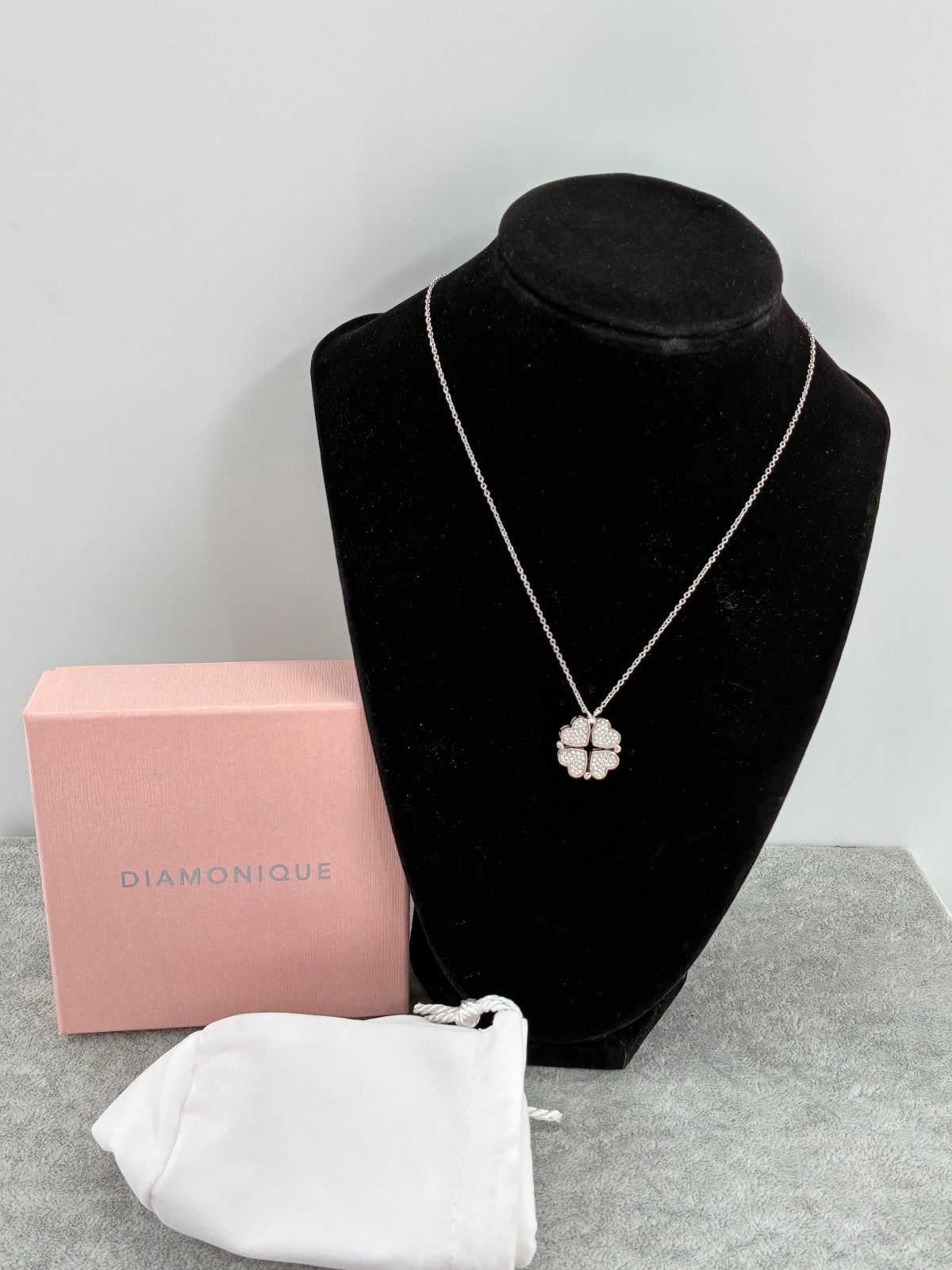 Diamonique Four Heart Clover Leaf Pave Convertible Pendant Necklace Sterling 925