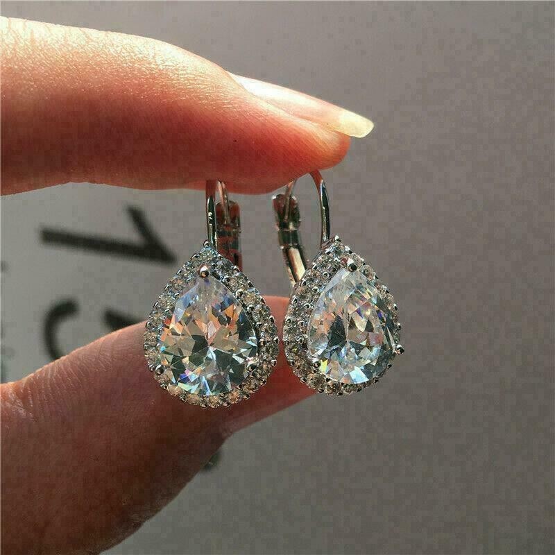 Gorgeous 2 Ct Pear Cut Diamond VVS1/D Halo Drop & Dangle 14K White Gold Finish