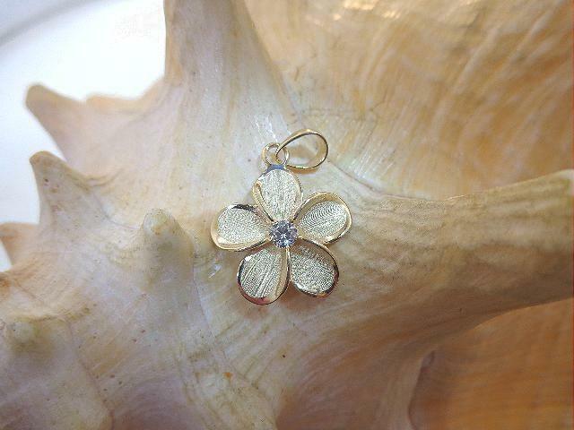 15.5MM SOLID 14K YELLOW GOLD BRUSHED SATIN HAWAIIAN PLUMERIA FLOWER CZ PENDANT