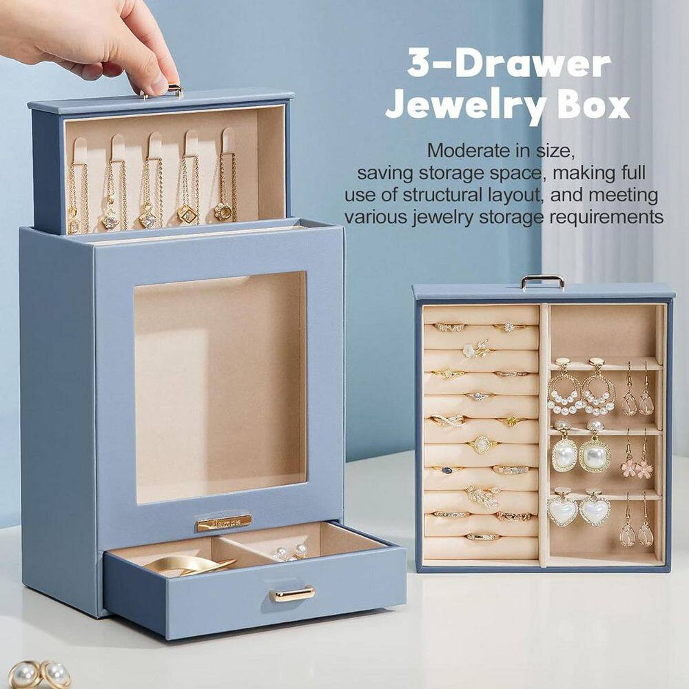 Grey Blue 7 In. X 9 In. Polyurethane Modern Jewelry Box with 3-Drawers