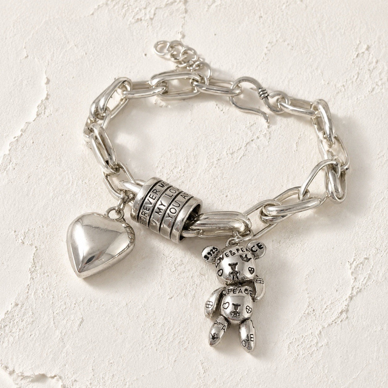 Silver Teddy Bear Heart Charm Bracelet Y2K Tous STYLE Boho Chain Love Peace VTG