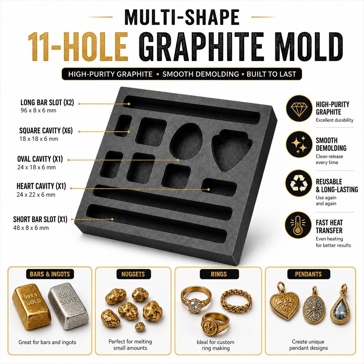 Graphite Ingot Mold Gold Silver Copper Melting Refining Casting Block 4x4inch