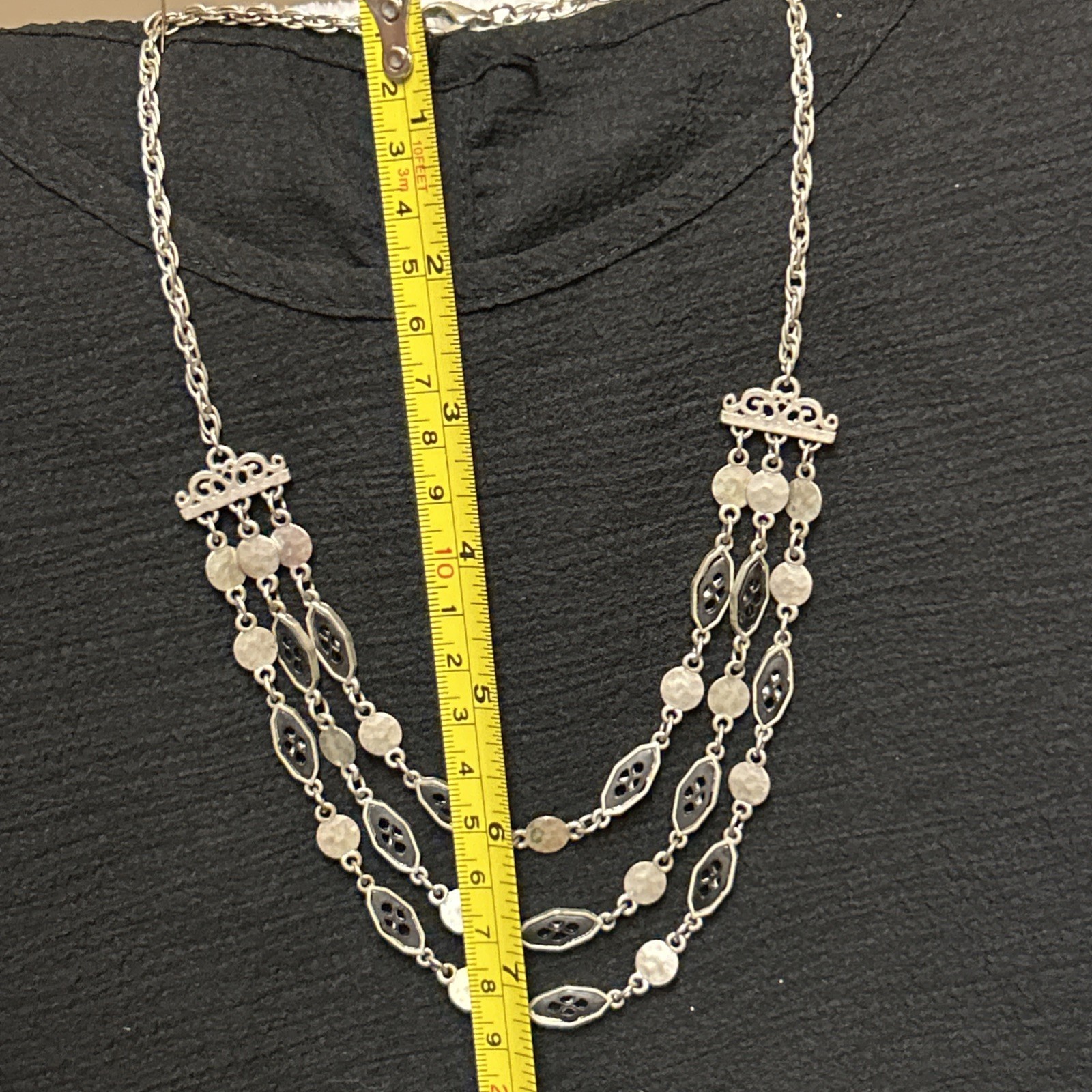 Boho 3 Strand Silver Tone Coin Disc Link Layered Necklace with Extender Clasp