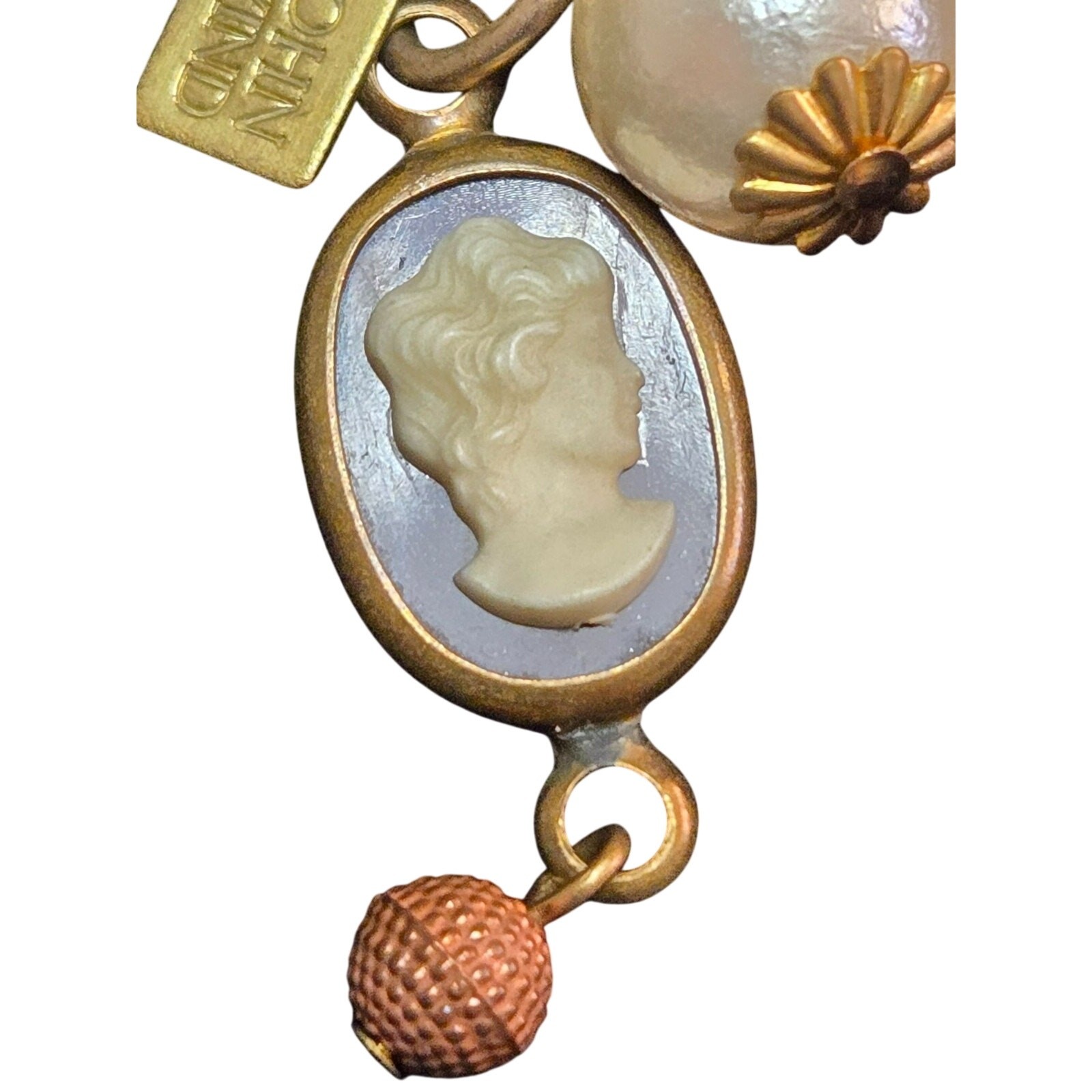 Vintage John Wind Safety Pin Brooch with Key, Cameo, Faux Pearl Charms