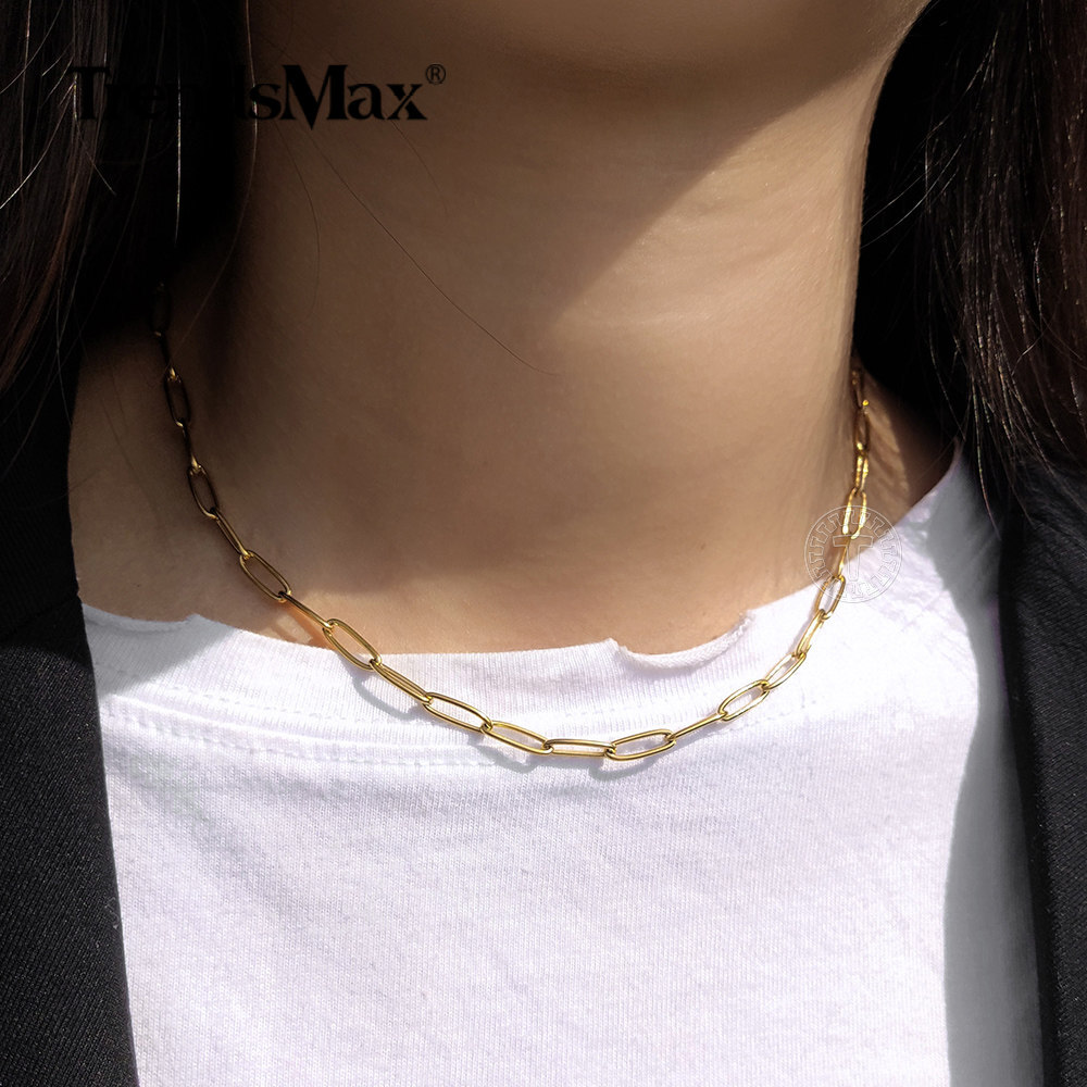 4MM 16+18+20″ Gold Plated Stainless Steel Paperclip Chain Necklaces Chokers 3Pcs