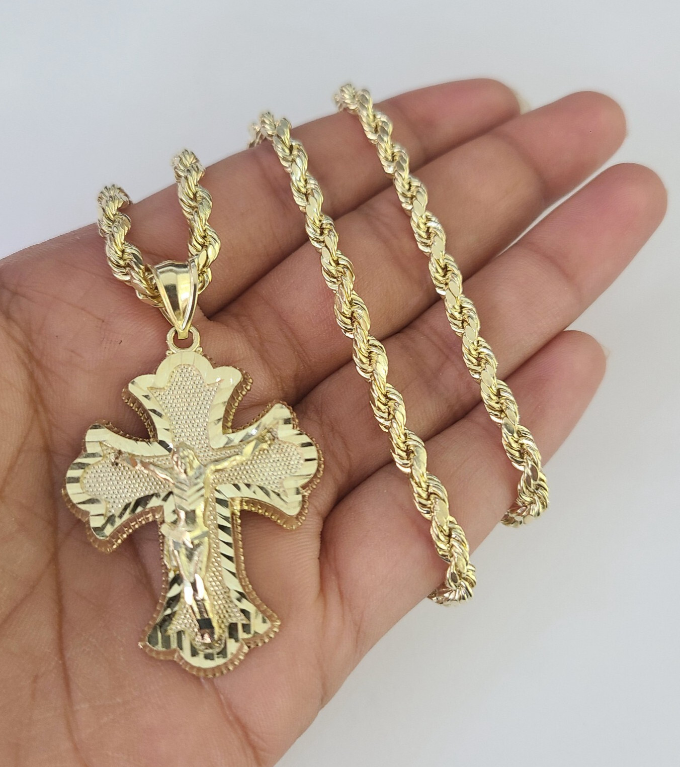 REAL 10k Jesus Crucifix Cross Charm Rope Chain Pendant 4mm Necklace Set 18″-28″