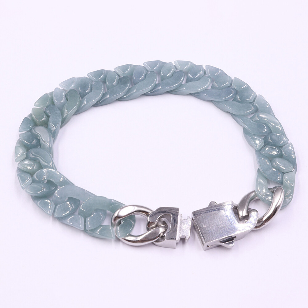 Real Grade A Natural Blue Jade Bracelet Jadeite Cuban Curb Link Chain 5.9-9.4in
