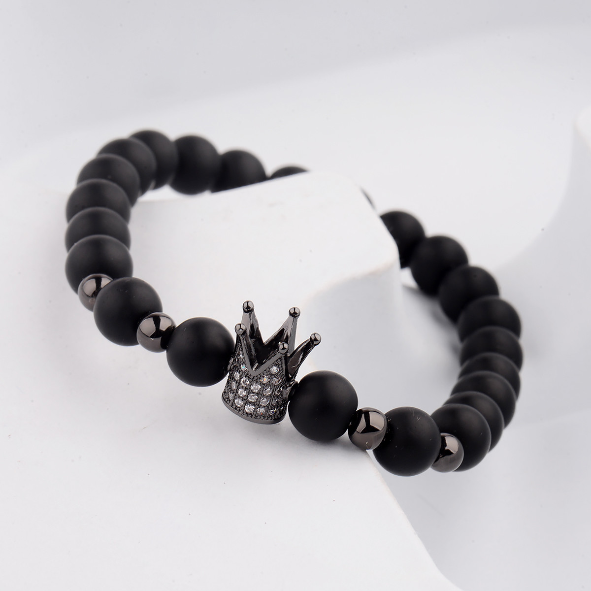 8MM Crown Natural Stone Matte Black Charm Men’s CZ Copper Bead Chuck Bracelet