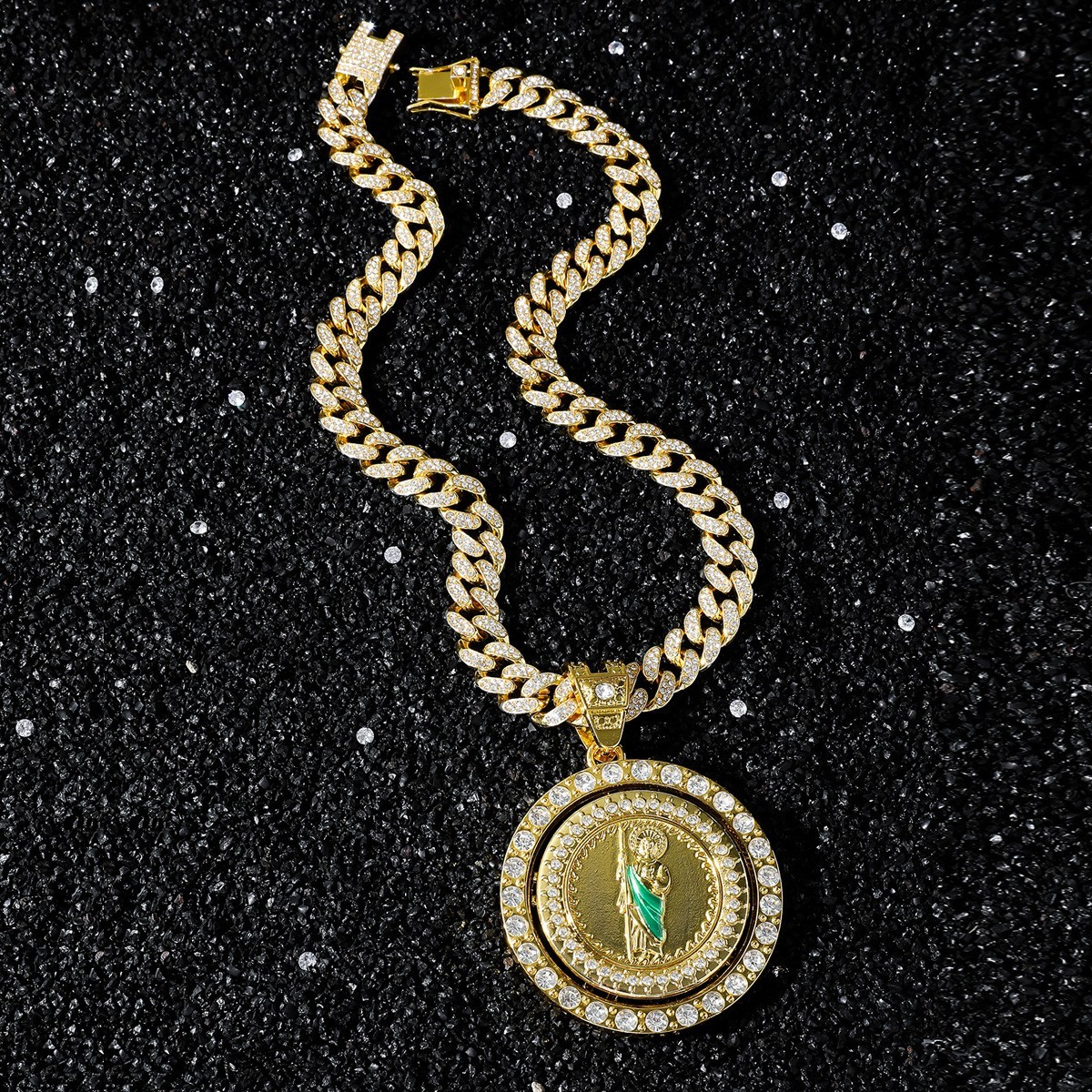 Religious Round Rotatable Saint Jude Statue Pendant 50cm Cuban Chain Necklace