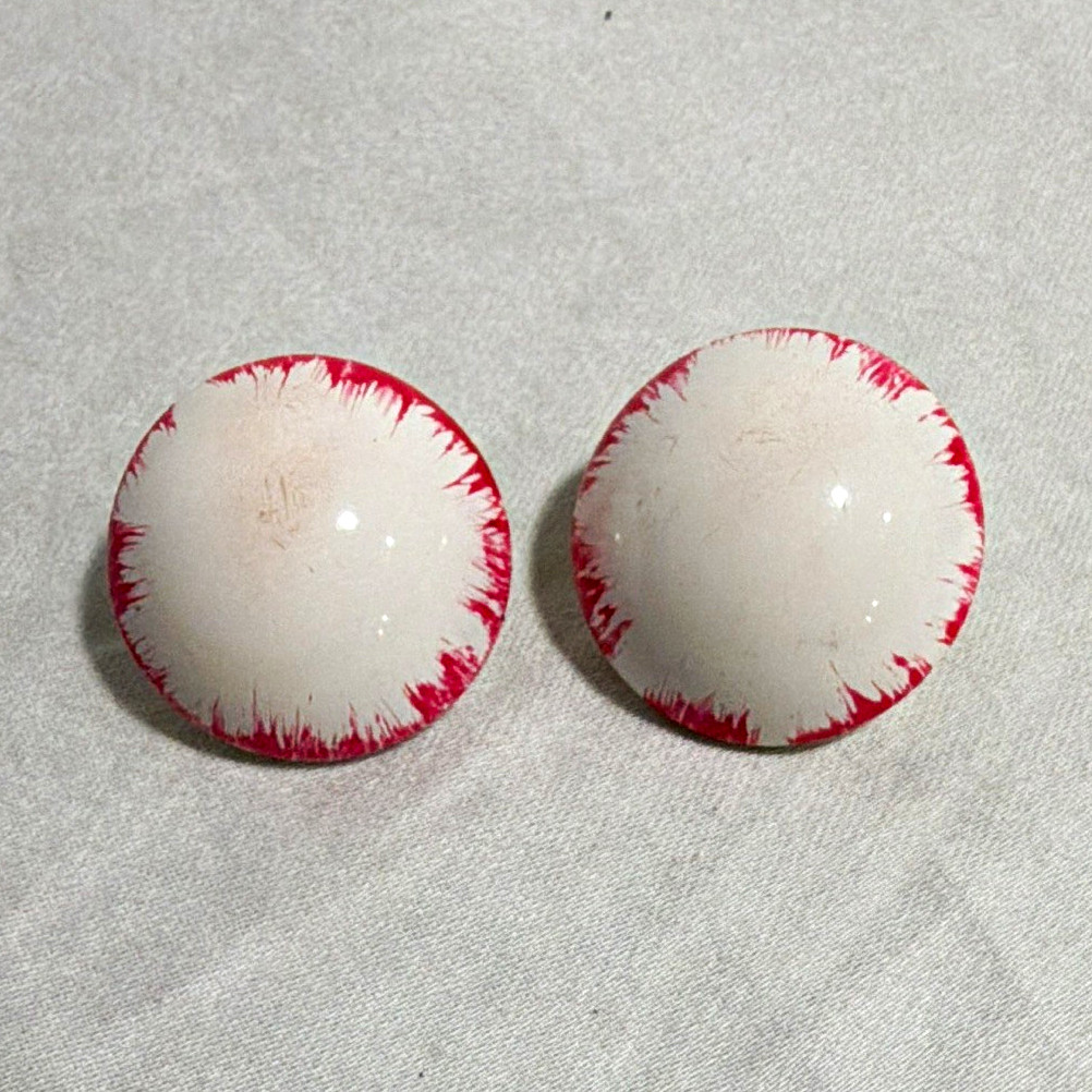 Vintage White Red Edge Round Dome Clip-On Stud Earrings, 1in Metal, No Stone