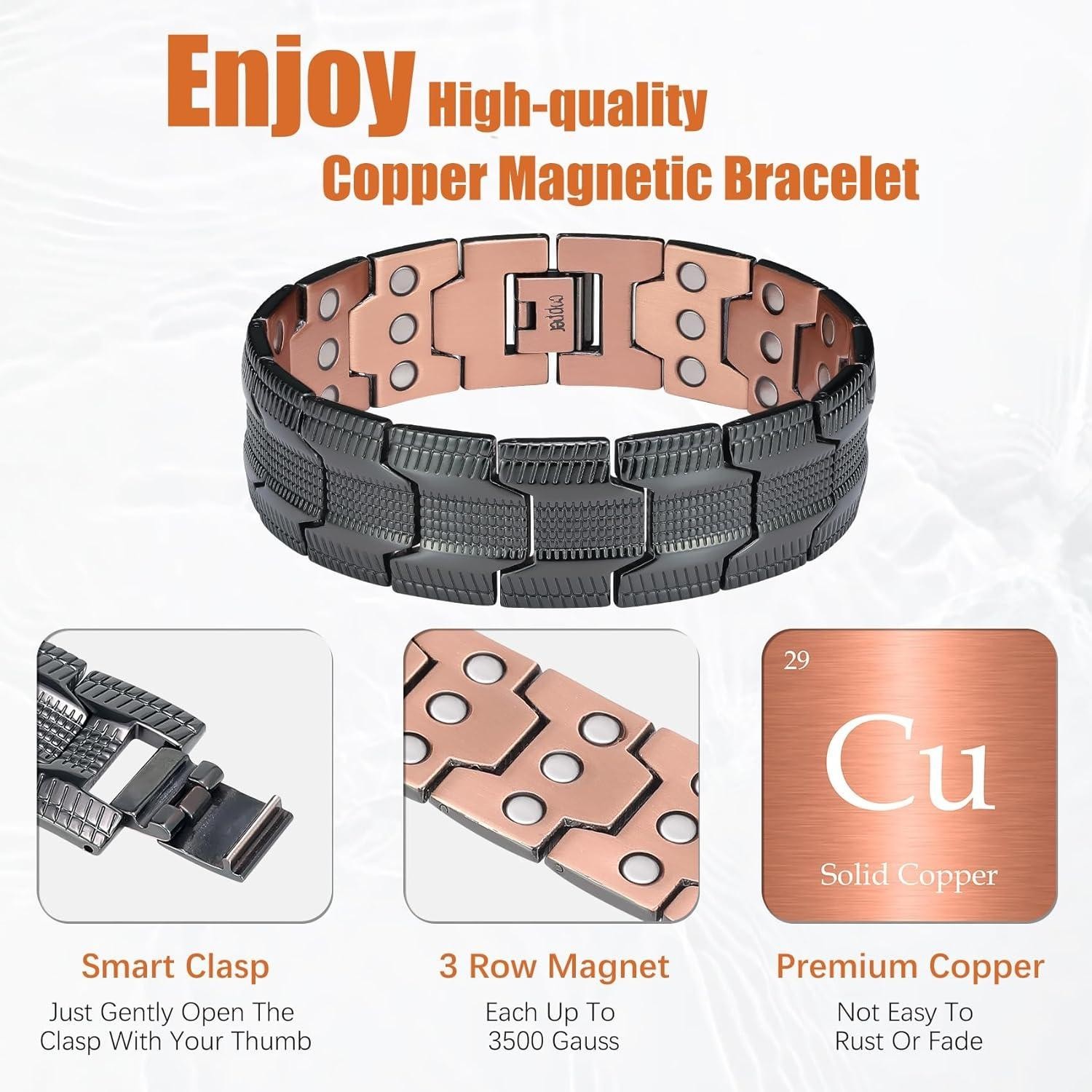 3X Ultra Strength Magnetic Black Copper Men Bracelet Vintage Therapy Energy Heal