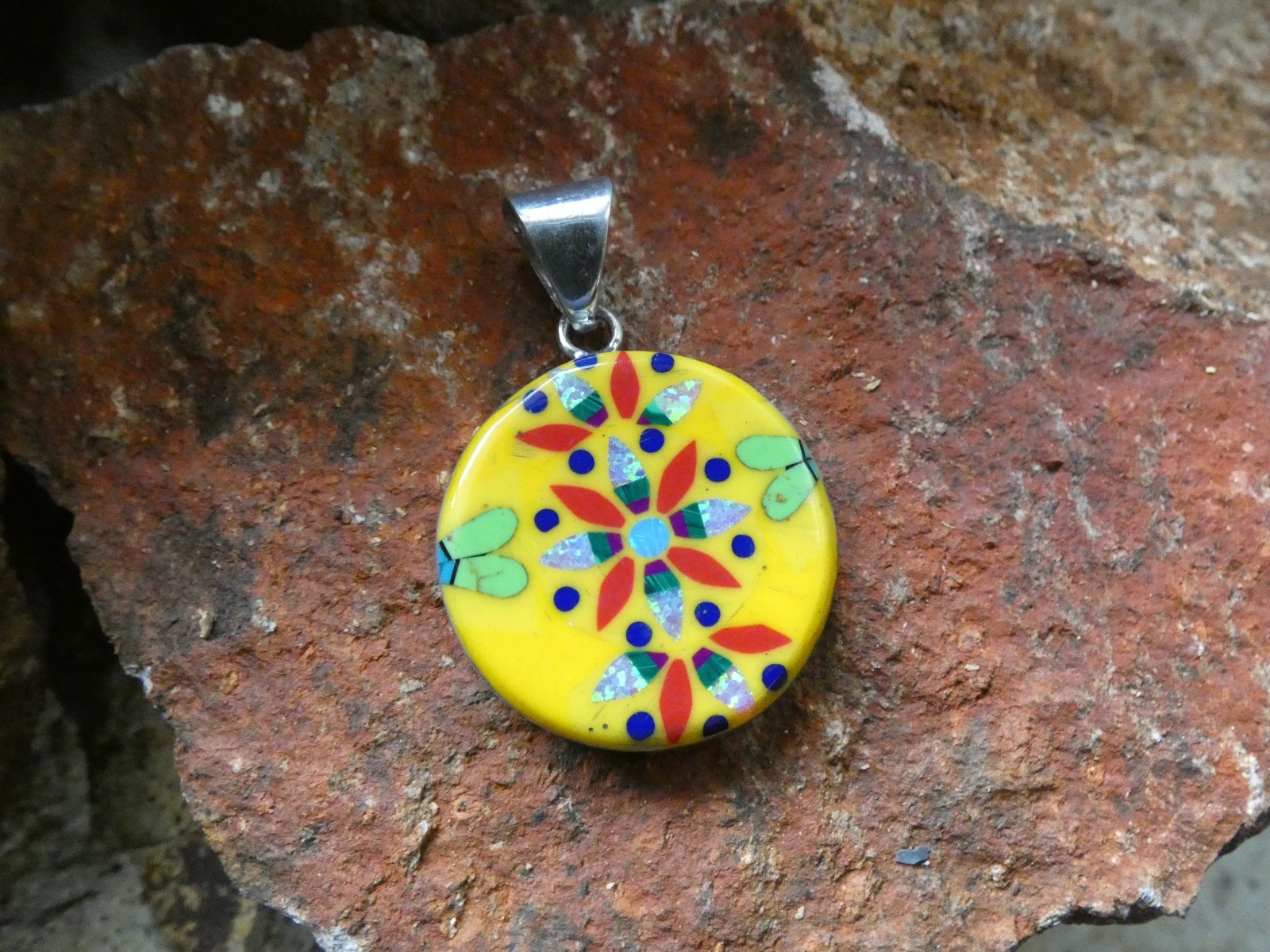 Flower Mosiac Micro Inlay Gemstone Sterling Silver Aluminum Alloy Pendant AT10