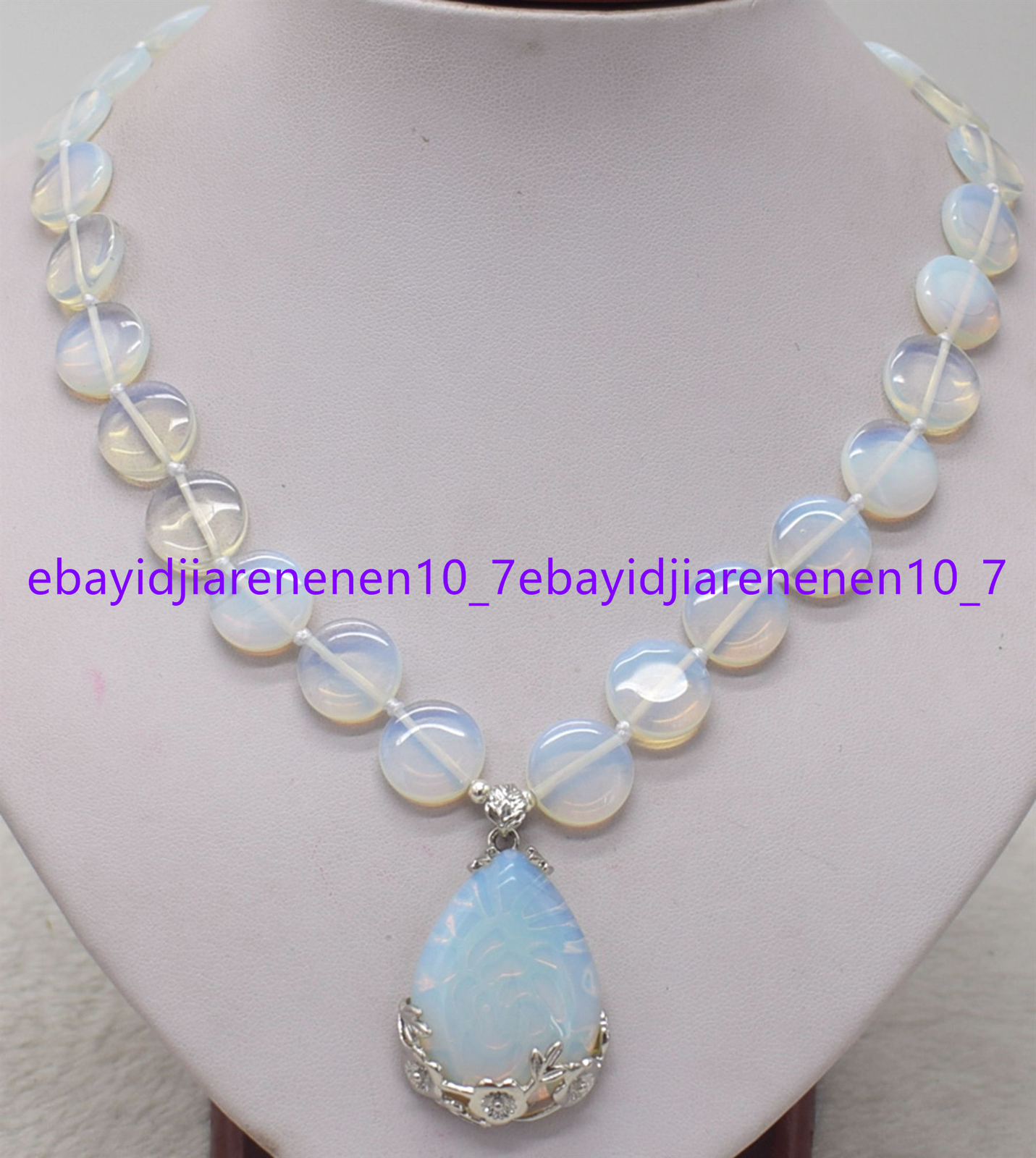 Natural White Moonstone Gemstone Coin Beads & Oval Pendant Necklace 18-24 in