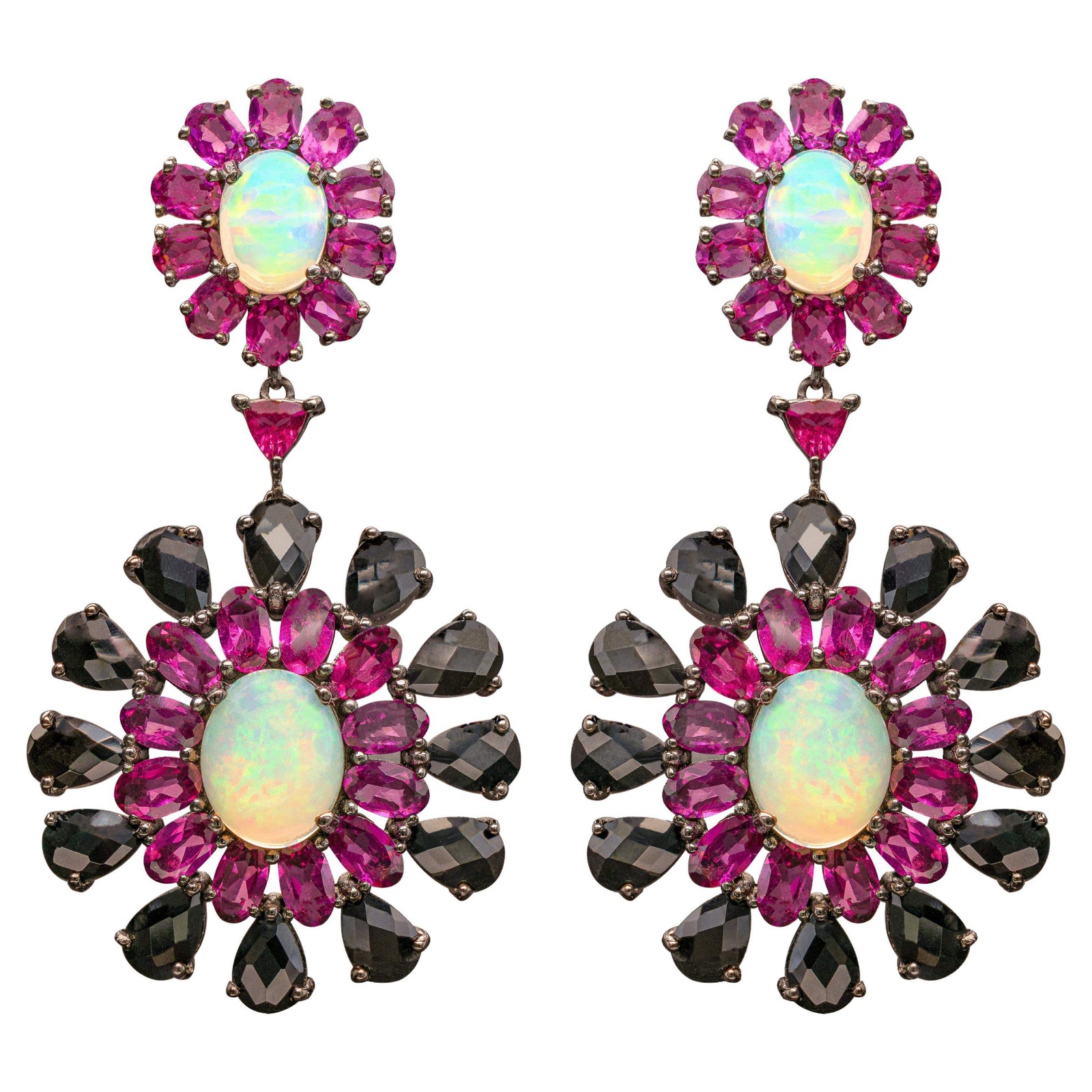 Natural Ethiopian Opal Rhodolite Dangle Earrings 29ct Sterling Silver