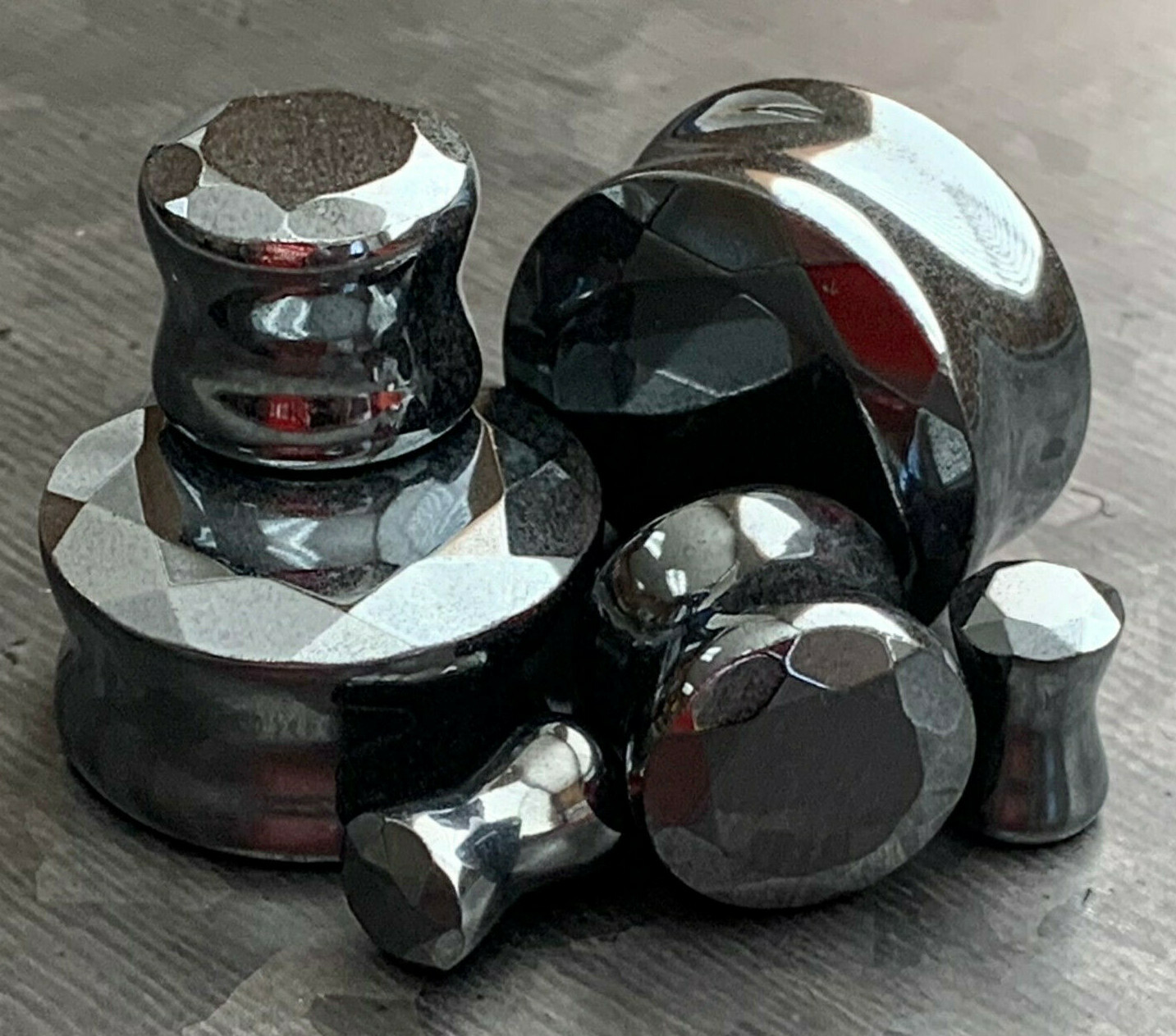 PAIR Faceted Hematite Stone Double Flare Plugs Gauges Body Jewelry