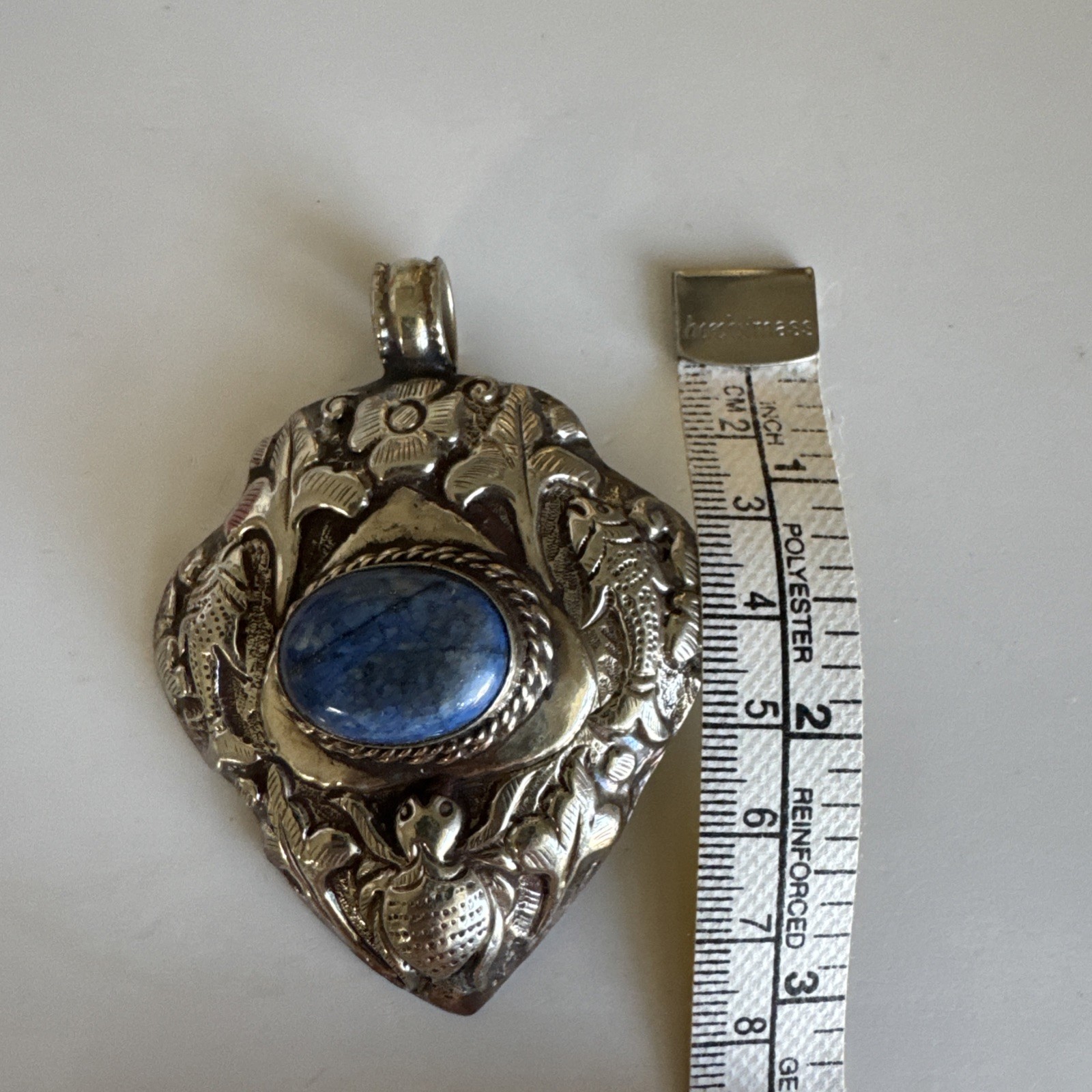 3” Tibetan Sliver Repousse Amulet Pendant w Lapis Insert Fish & Spider 42g