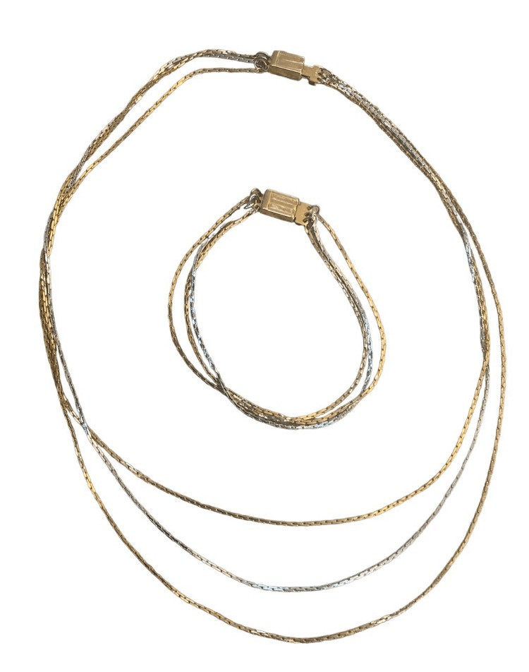 Gold Avon Triple Chain Bracelet Necklace Set Halo Vintage 70s 80s Jewelry Pendan
