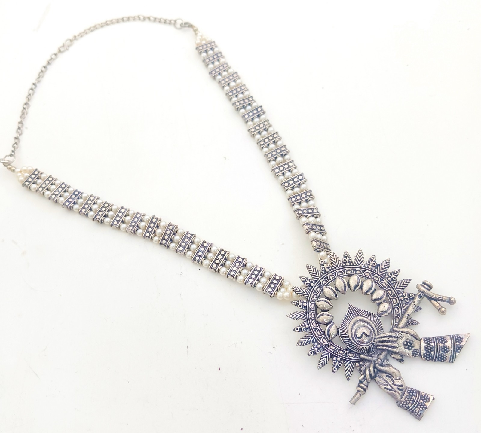 OXIDISED ETHNIC LONG NECKLACE KRISHNA FLUTE PEARL WOMEN JEWELRY RAKSHABANDHAN