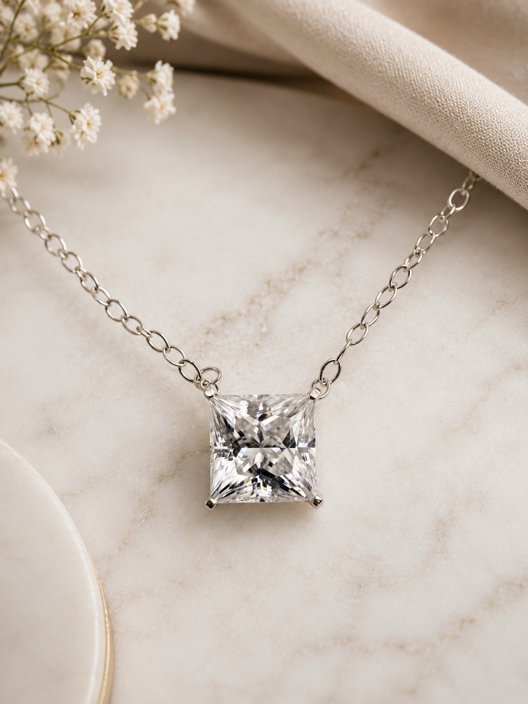 925 Sterling Silver 1.2 CTW Moissanite Princess Cut Pendant Necklace 6mm GRA cer