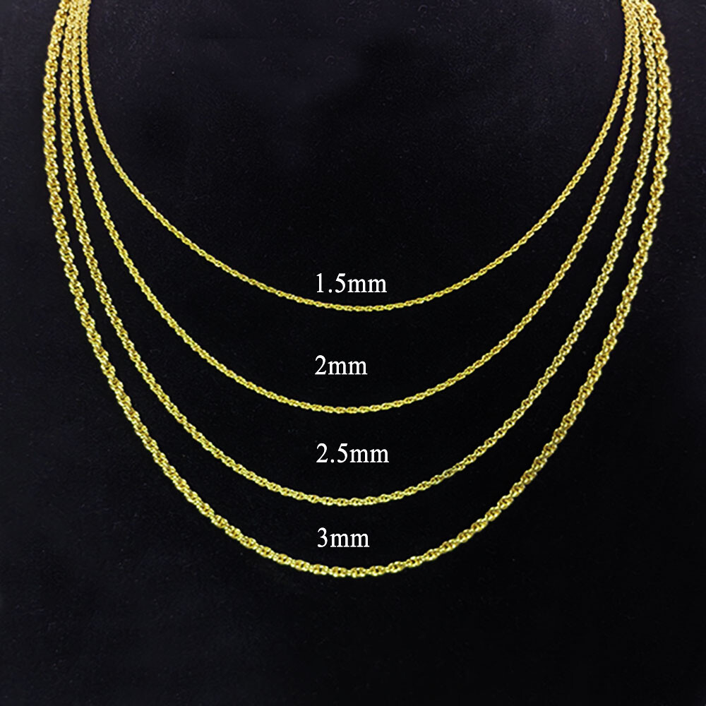 14K Solid Yellow Gold 1.55-6.05mm Rope Chain Necklace with Lobster Claw Clasp