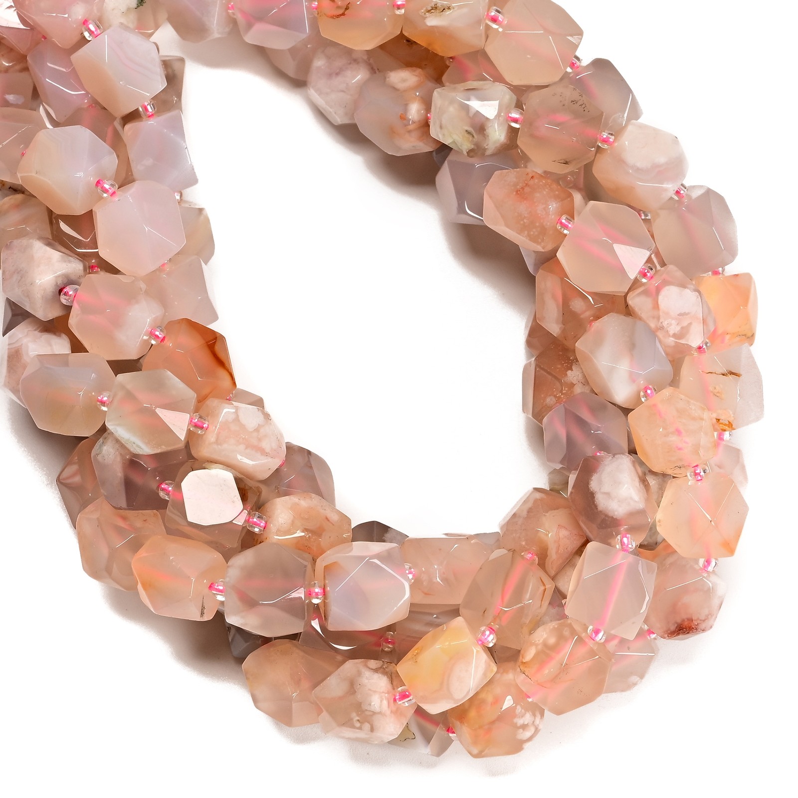 Cherry Flower Sakura Agate Faceted Nugget Chunk Beads Size 10x12mm 15.5” Strand
