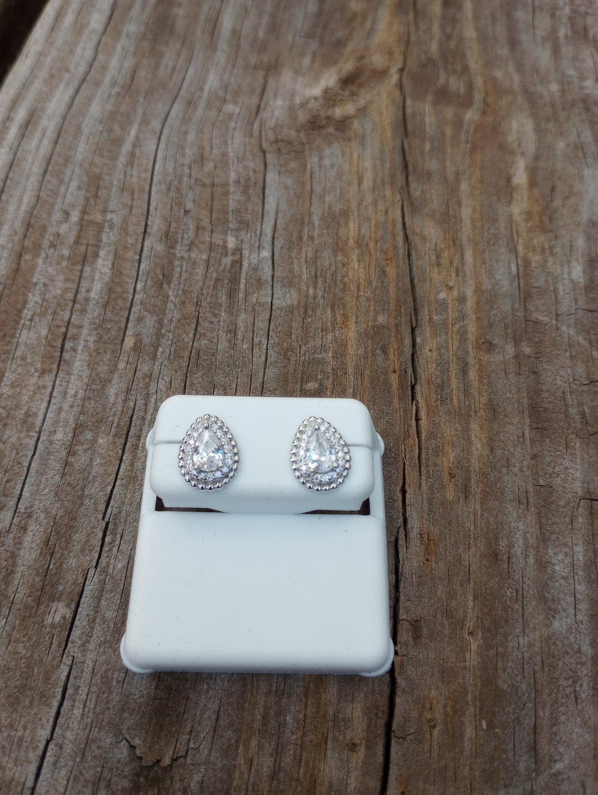 Sterling Silver Pear or Teardrop Stud CZ Earrings with Halo, Marked 925