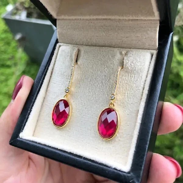 3.Ct Oval Cut Lab Created Red Ruby Drop & Dangle Earrings 14K Yellow Gold Plated