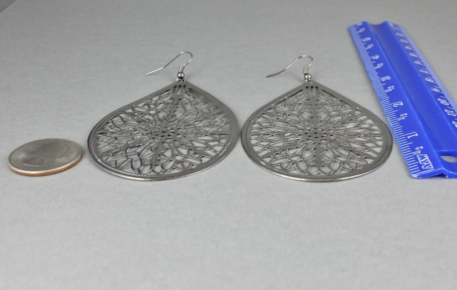 Big Huge Dark Grey earrings lightweight filigree teardrop oval dangle 3.75″ long
