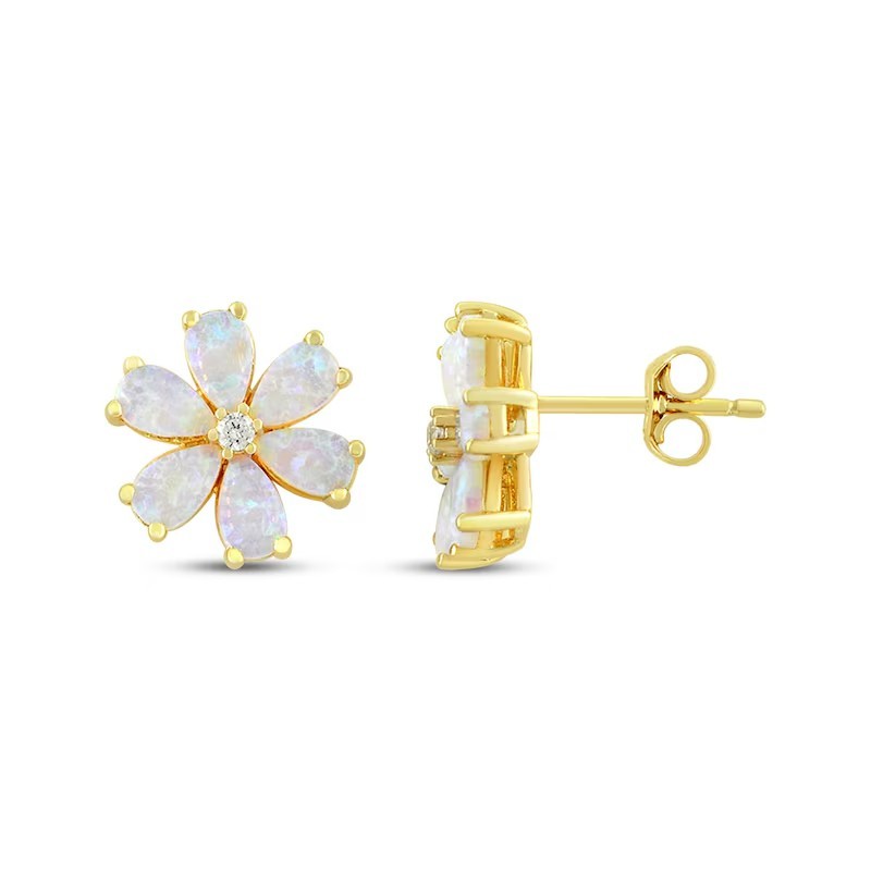 Opal & Diamond Floral Studs Earrings In Solid 14k Yellow Gold Anniversary Gift