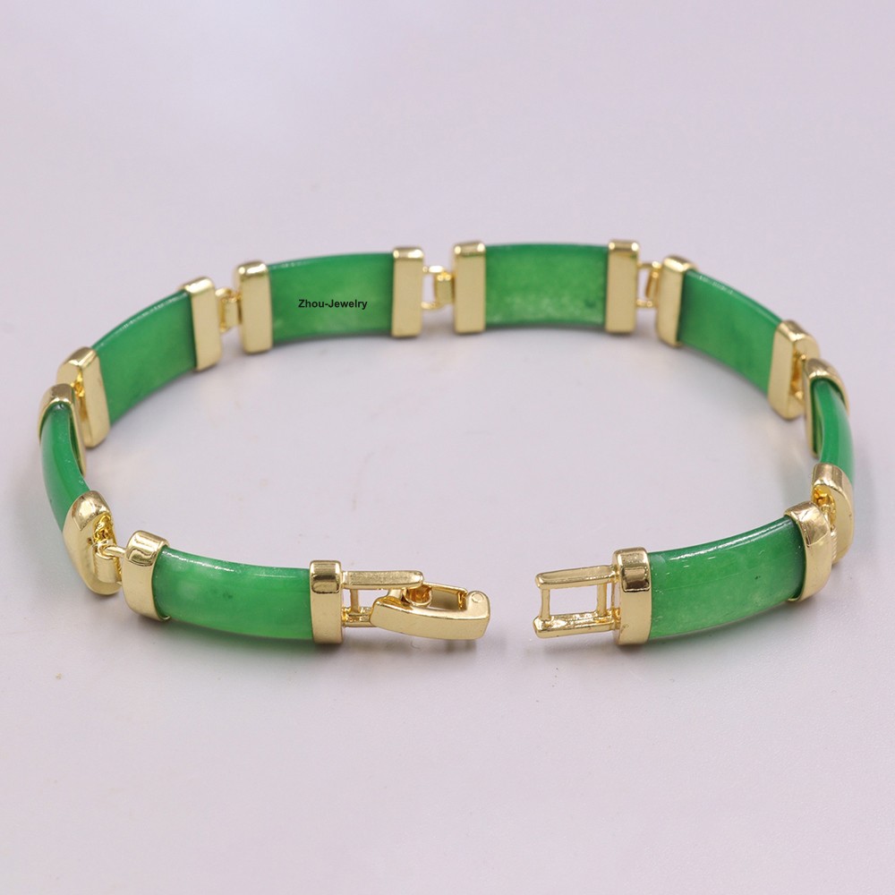 UNIQUE Yellow GP Heated Green Jade Chain Women 10mm Jade Link Bracelet 7.48inch