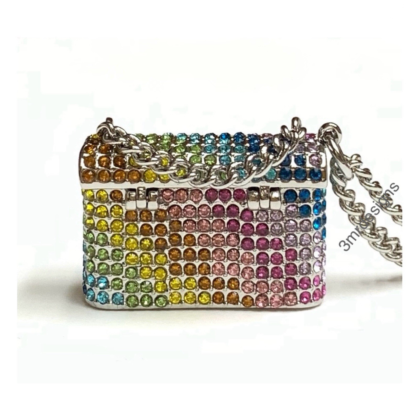 NWT KURT GEIGER Rainbow Crystals Silver Tone Kensington Mini Bag Long Necklace