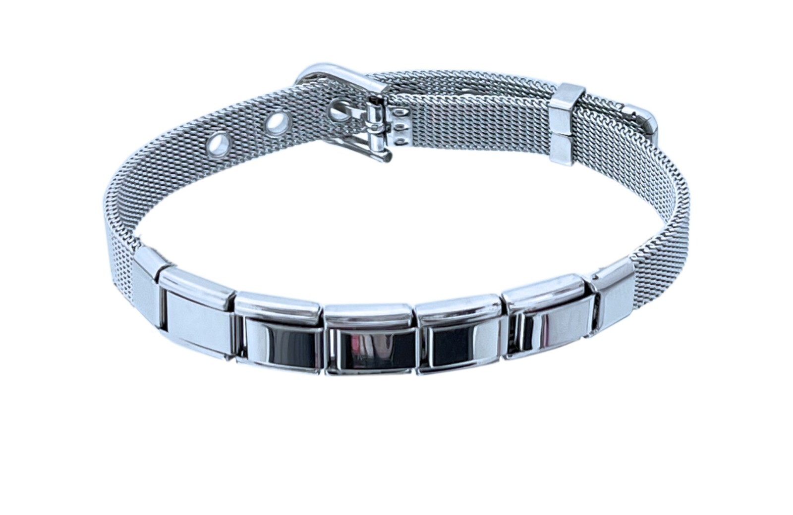 9mm Italian Charm Buckle Mesh Stainless Steel Starter Bracelet 9″ Adjustable