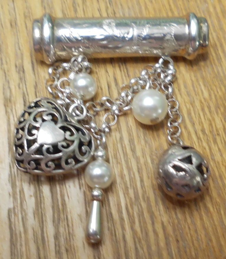 Sterling Silver Brooch Bar Pin with Heart, Pearls and Ball