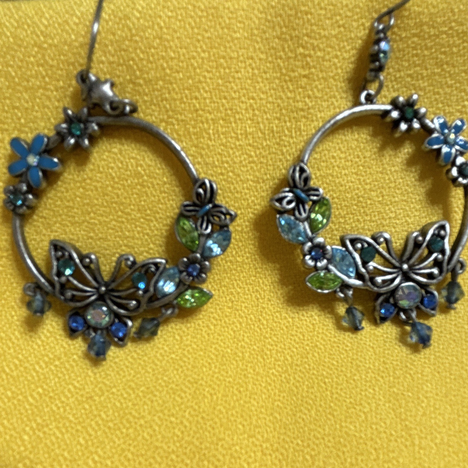 Silver Tone Butterfly Floral Hoop Dangle Hook Earrings Blue Green Crystals