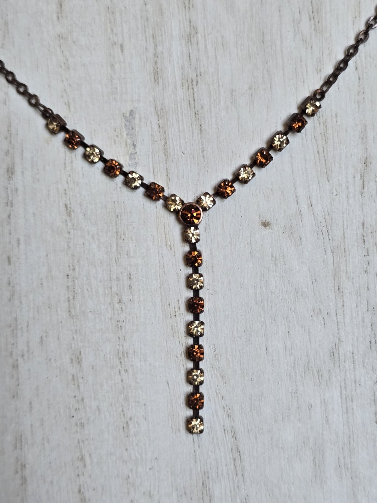 Vintage 1928 Branded Amber Tone Glass Rhinestone Y-Drop Pendant Copper Necklace