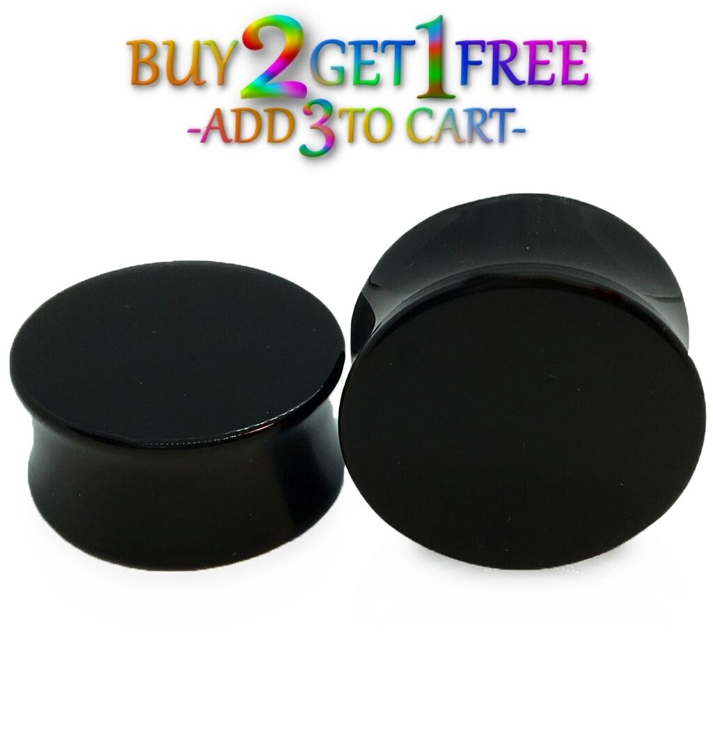 Pair 8g-50mm BLACK ACRYLIC PLUGS Double Flare Gauges Solid Ear Body Tunnels 1002