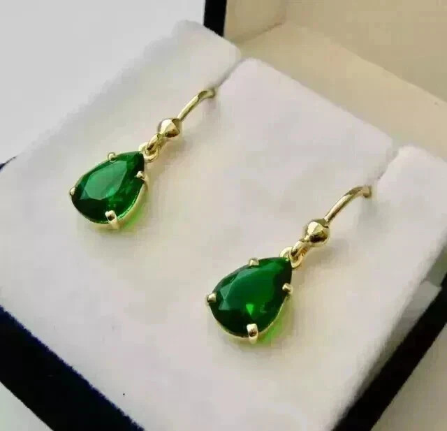 Simulated Green Emerald 3.5Ct Pear Drop/Dangle Earrings 14K Yellow Gold Plated
