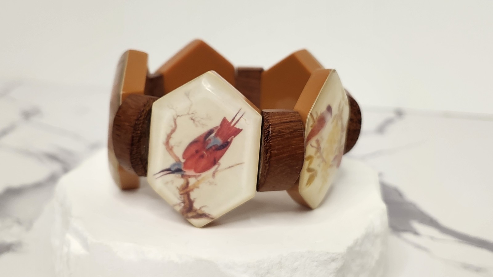 Boho Tropical Wooden Hexagon Tile Bracelet Acrylic Resin Bird Print Statement