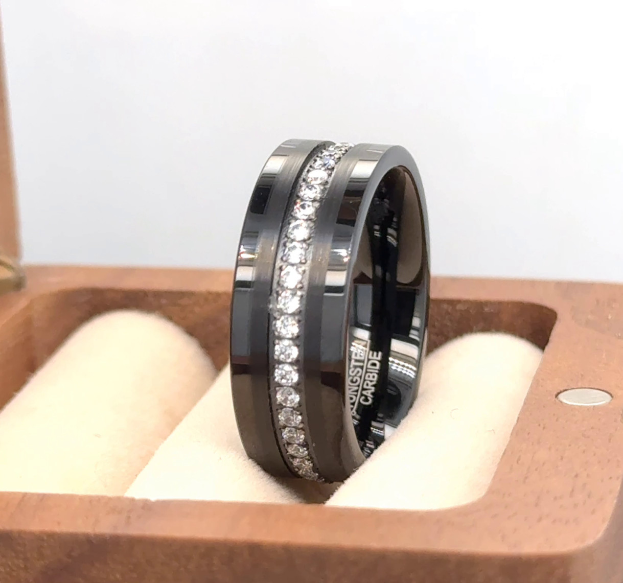 Couple Ring Gift Black Tungsten Engagement Ring White CZ Inlay Beautiful Band
