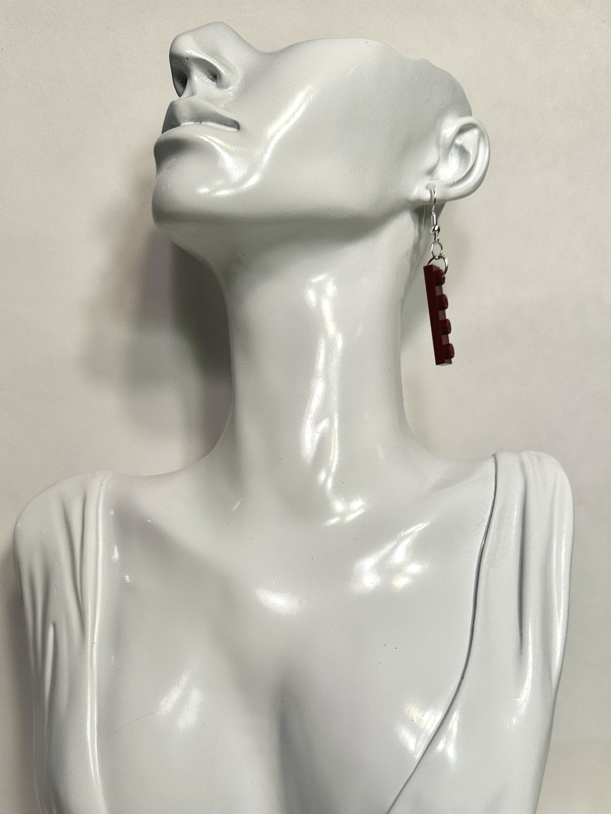 Red Plastic Rectangle LEGO Dangle Drop Earrings, No Stone, Hook Closure Burgundy