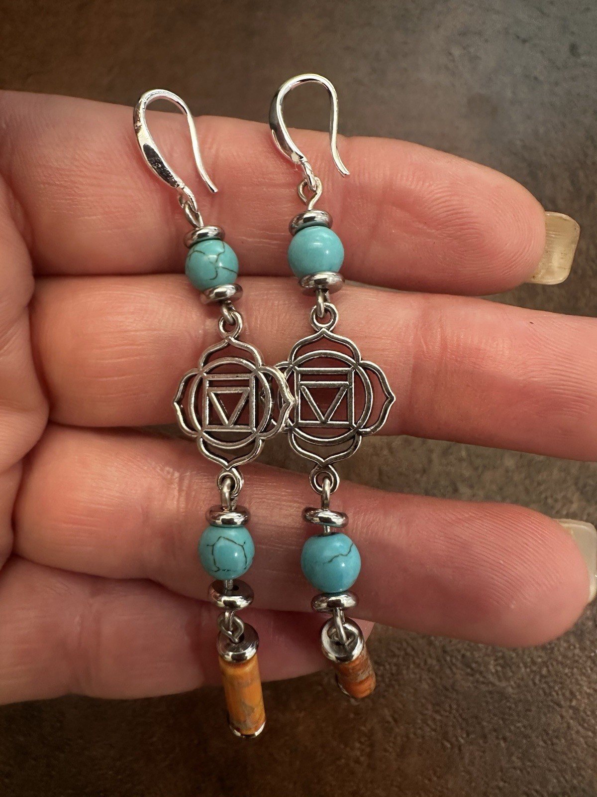 Turquoise Bead Silver Lotus Chakra Dangle Earrings – Women Jewelry