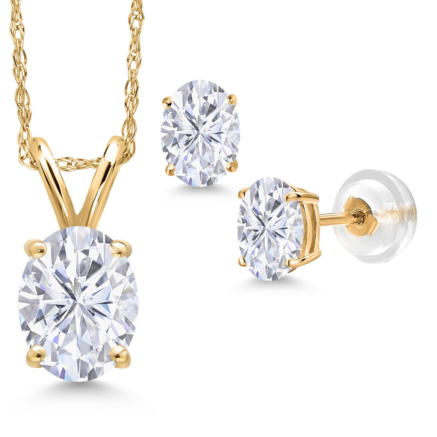 14K Yellow Gold White Moissanite Pendant Earrings Jewelry Set For Women | 3.10