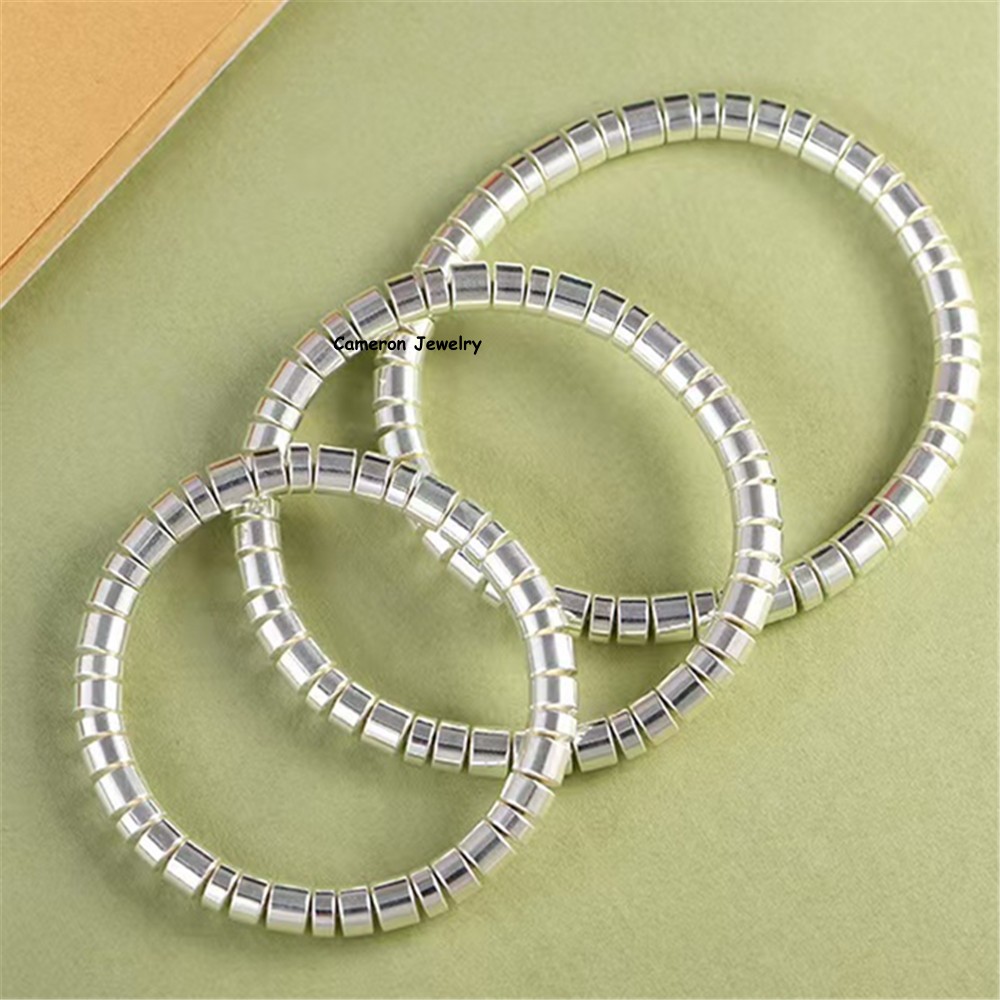 Solid S999 Fine Silver Chain 6mm Straight-cut Tube Beads Bracelet 6.3-7.9inch
