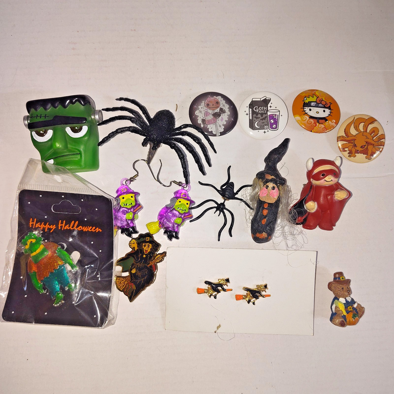 VTG Halloween Jewelry Lot 14pc Mixed Spiders Witches Hallmark Pins Earrings