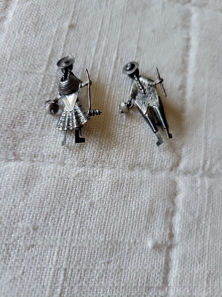 Vintage Native Hand Crafted Silver Metal Pins male female basket staff Peruvian