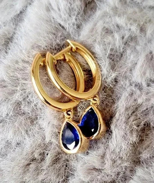 Lab Created Blue Sapphire 1Ct Pear Cut Dangle Earrings 14K Yellow Gold Plated