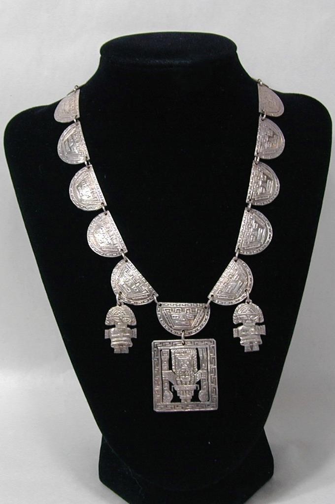 Vintage Peru 900 Silver Inca Tumi Panel Statement 16 1/2″ Necklace Choker Signed
