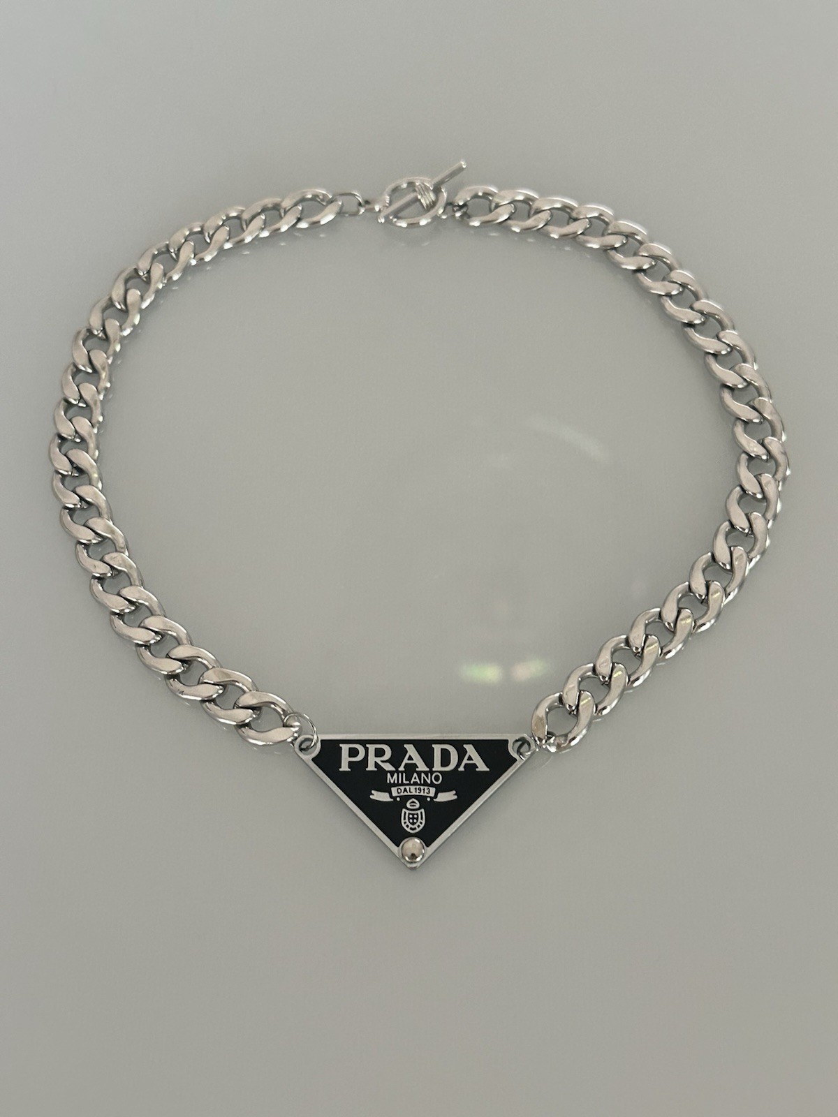 Silver 925 Prada Milano Choker Stainless Steel Cuban Link 16.5” Chain Necklace