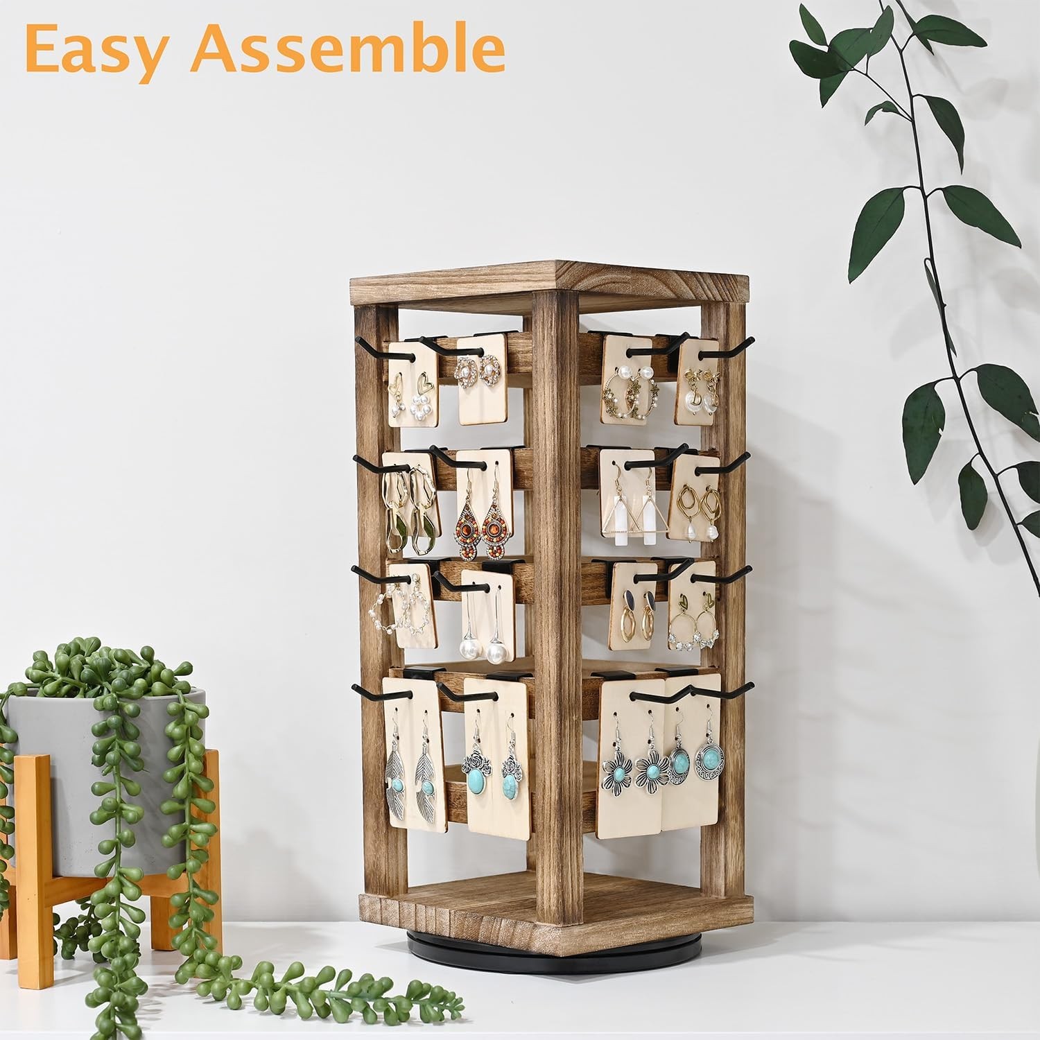 Wood Rotating Jewelry Display Removable 42 Hooks Earring Organizer Stand Oak