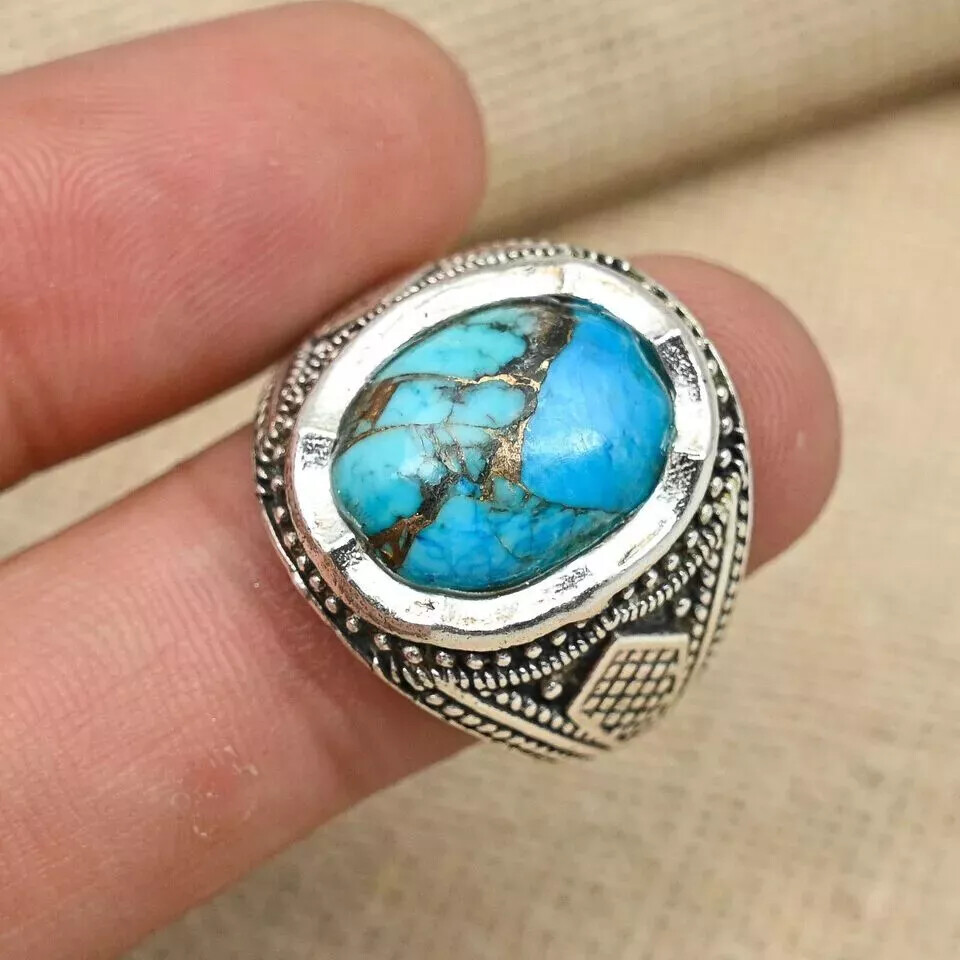 Blue Copper Turquoise Gemstone Ring 925 Sterling Silver Men’s Ring All Size D83